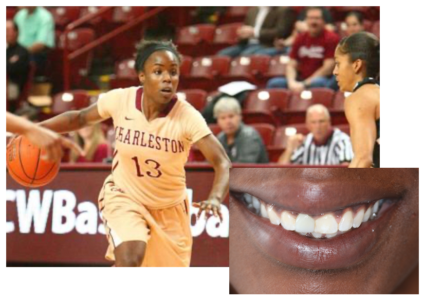 Basketball player with a smile inset showing dental treatment results.
